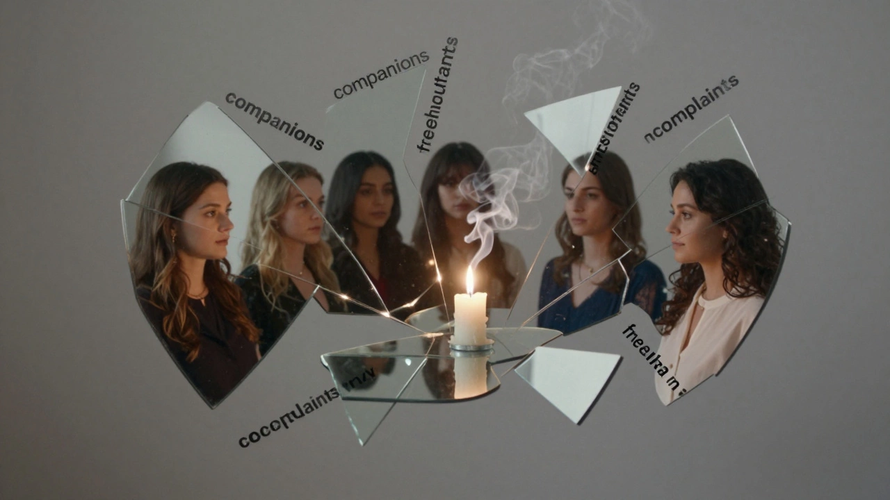 Fragmented mirror reflecting women from different countries, words dissolving into smoke, a single candle lit.