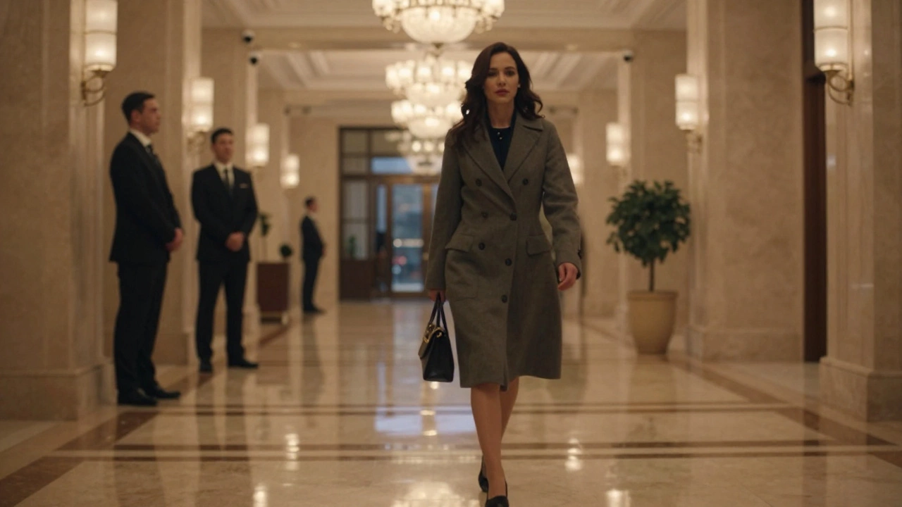 Woman walking through a luxury hotel lobby at dusk, avoiding cameras, anonymous and alone.